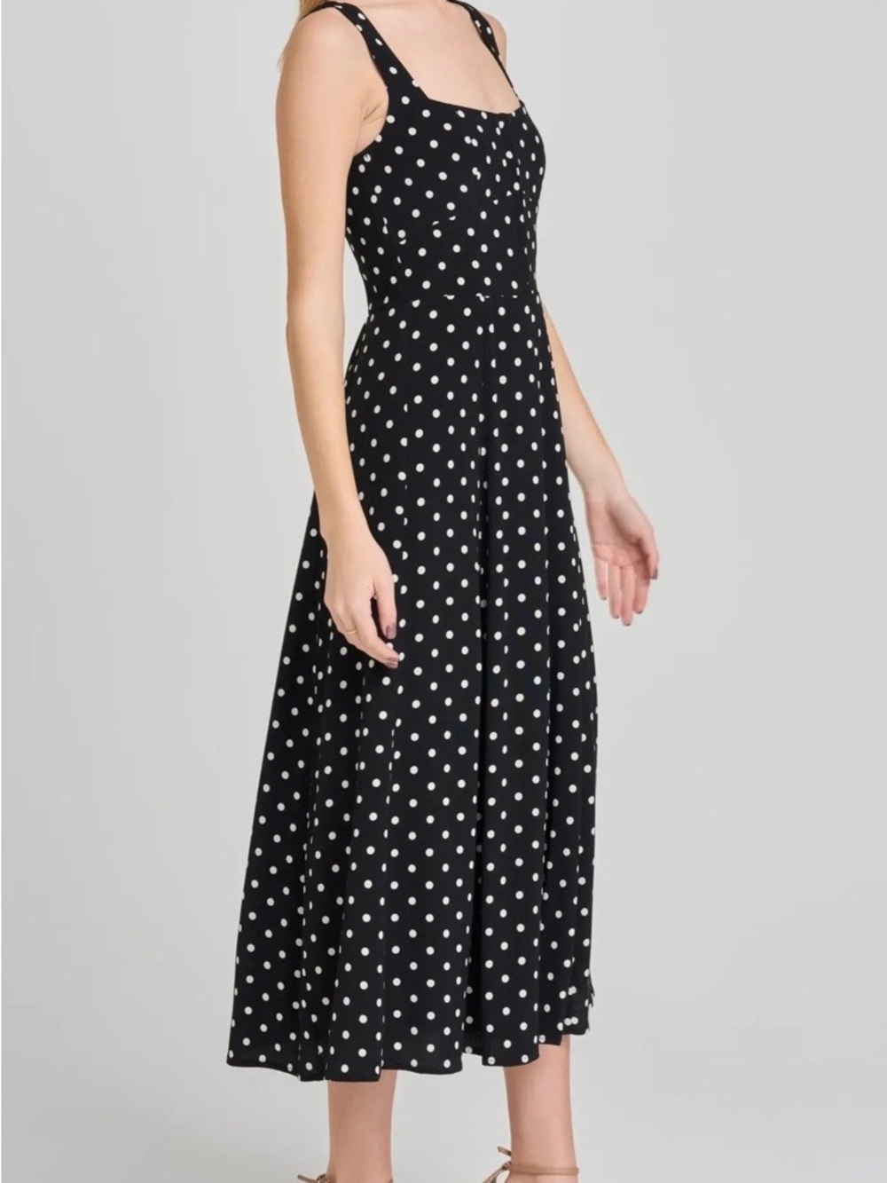 WAYF Leonie Black Polka Dot Midi Dress with Square Neck